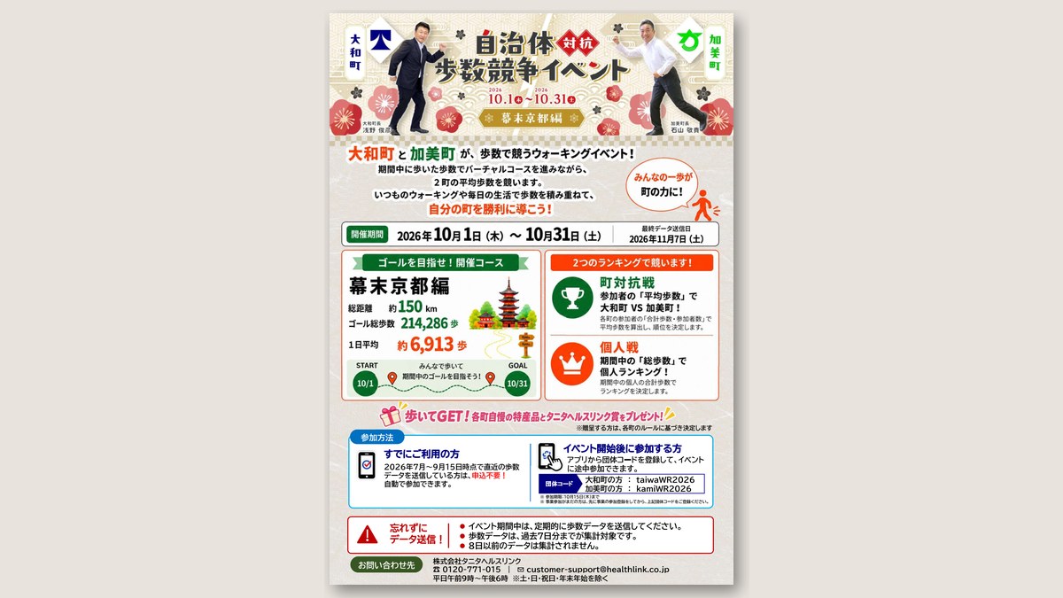 「大和町vs加美町 自治体対抗歩数競争イベント」のチラシ（画像：大和町ホームページより）