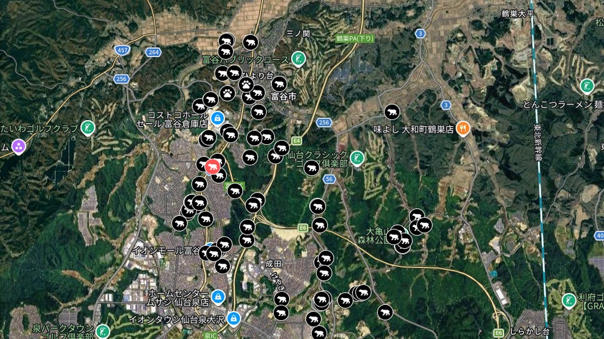 富谷市 クマ出没情報マップ(Googleマイマップ)に並ぶ目撃地点のアイコン