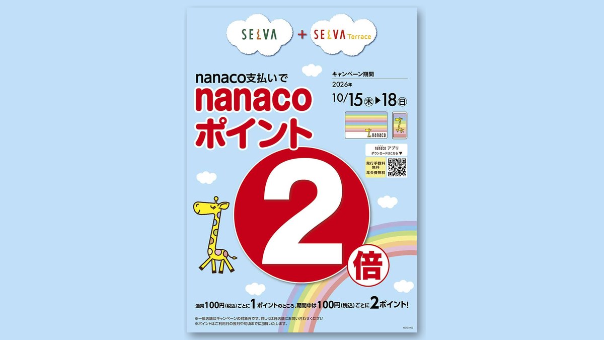 nanacoポイント2倍キャンペーンのチラシ(画像:セルバ 公式サイトより)