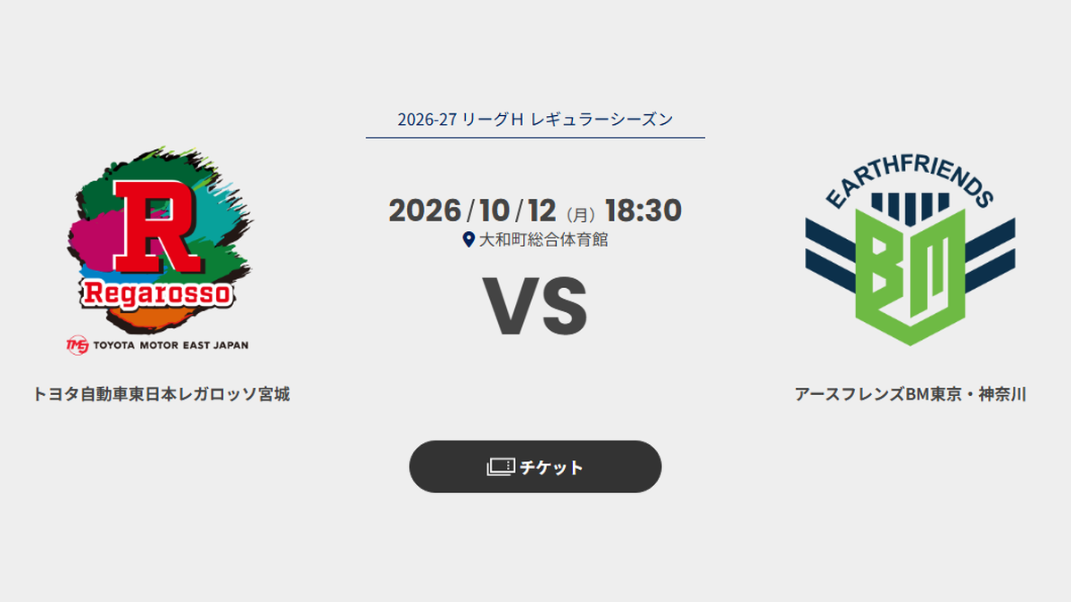 リーグH 10月12日（月）18時30分 大和町総合体育館 トヨタ自動車東日本レガロッソ宮城 vs アースフレンズBM東京・神奈川の対戦カード（画像：リーグH 公式サイトより）
