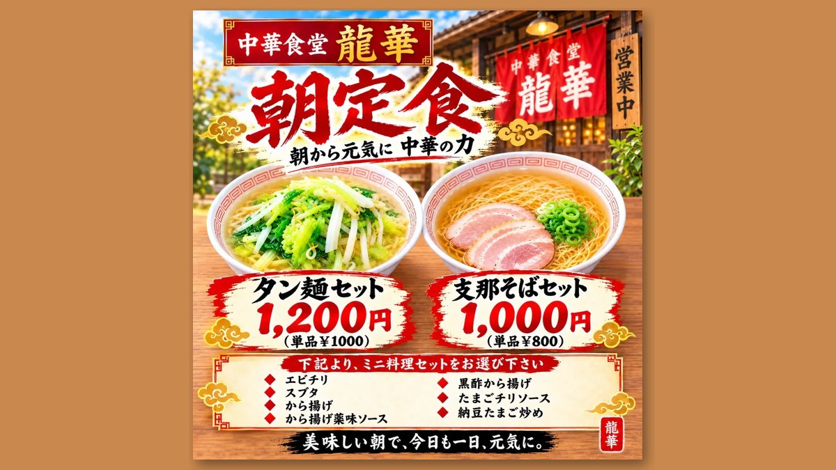 中華食堂 龍華の朝定食の案内(画像:中華食堂龍華 公式Instagramより)